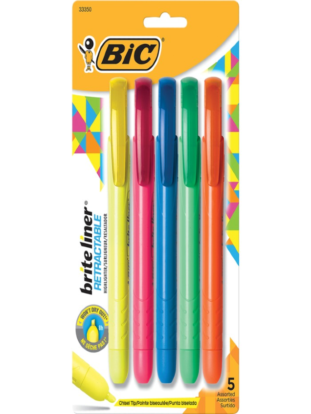 BIC Brite Liner RT Pen Style Highlighter- Assorted Chisel Tip 5/PK