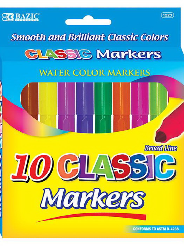 BAZIC 10 Classic Colors Broad Line Jumbo Washable Markers Bazic Products