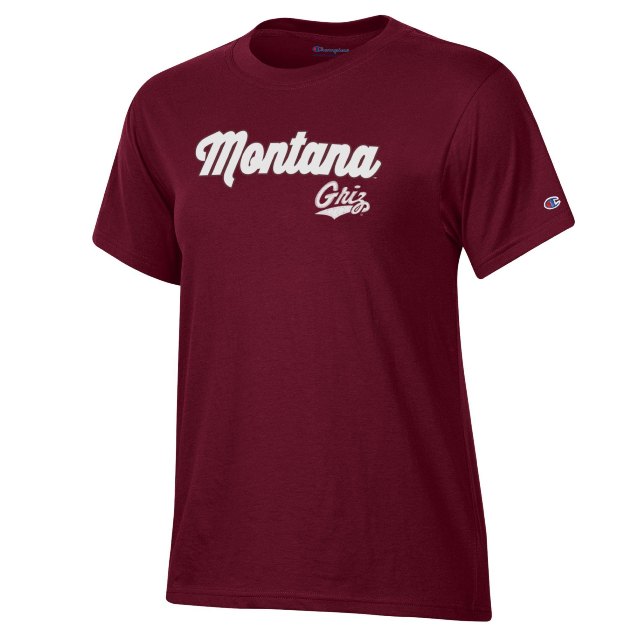 Womens Champion Maroon Tee Applique Cursive Grizzlies