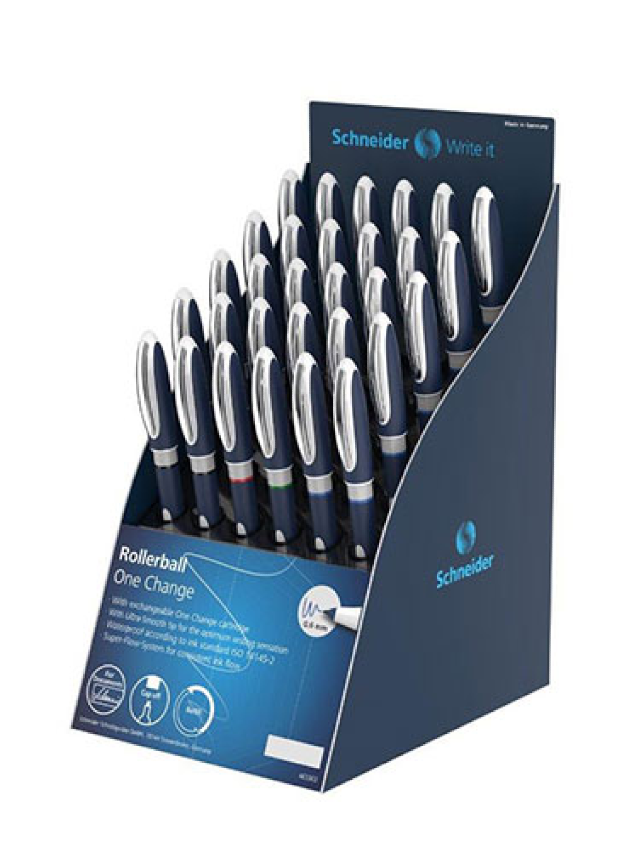 Schneider One Change Rollerball Pen, Refillable, 0.6 mm Ultra-Smooth Tip,  Blue/White Barrel, Blue Ink, Box of 5 Pens (183703)