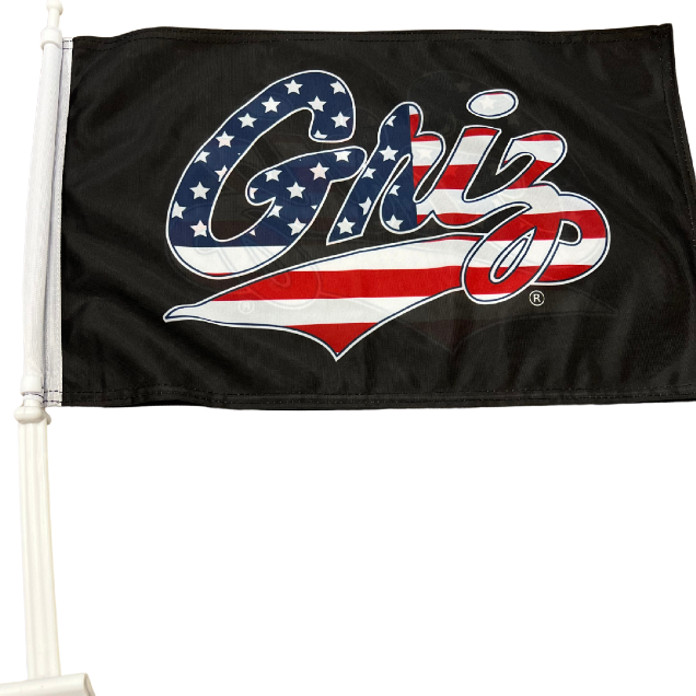 Patriotic Griz Script Black Double Lined Car Flag
